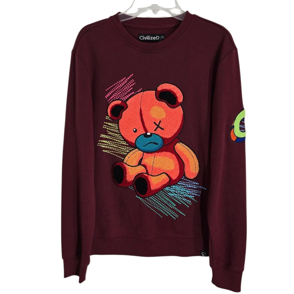 Civilize‎ D Embroidered Bear Graphic Crewneck Unisex Sweatshirt Burgundy Size S